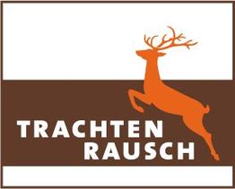 Ein orangefarbener Hirsch über braunem Streifen mit dem Text "TRACHTEN RAUSCH" in Weiß.