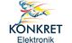 Logo von "Konkret Elektronik" mit stilisiertem, farbigem Läufer darüber.