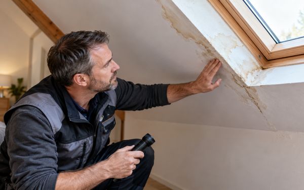 Ein Fachmann untersucht mit einer Taschenlampe Feuchtigkeitsflecken und Wasserschäden an der Dachschräge rund um ein Dachfenster, um die Ursache der Undichtigkeit zu finden.