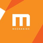 Logo bianco "Mechanike" su sfondo arancione con forme geometriche.