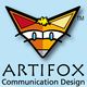 Logo eines stilisierten Fuchses mit Schrift "ARTIFOX Communication Design" auf blauem Hintergrund.