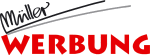 Schriftzug "Müller Werbung" mit stilisiertem Bogen, Schrift in Schwarz und Rot.