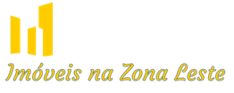 Logotipo "Imóveis na Zona Leste" com edifícios amarelos estilizados.