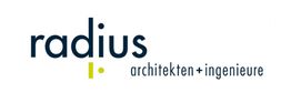 Logo von "radius architekten + ingenieure" in blauem Text mit einem gelben Punkt daneben.