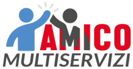 Logo con due figure stilizzate e testo "Amico Multiservizi".