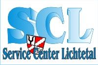 SCL-Logo mit Schriftzug "Service Center Lichtetal" und Wappen in der Buchstabenmitte.