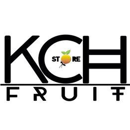 Logo de KCH Fruit Store con una fruta y una hormiga en el centro. Texto negro sobre fondo blanco.