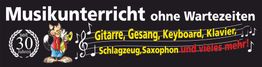Banner für Musikunterricht ohne Wartezeiten mit Instrumentenaufzählung. 30-jähriges Jubiläum.