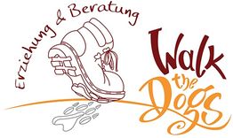 Illustration eines Wanderschuhs und Schriftzug: "Erziehung & Beratung, Walk the Dogs".
