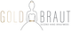 Logo mit Schriftzug GOLD BRAUT, Silhouette einer Braut in einem Kleid. Slogan "Second Hand Brautmode".