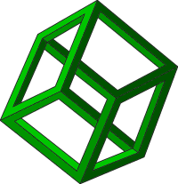 Optische Täuschung eines grünen geometrischen Objekts in verschachtelter Würfelform.