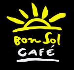 Logo mit gelber Sonne und Text "Bon Sol Café" auf schwarzem Hintergrund.