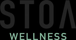 "Stoa Wellness logo with black and green text on a dark background."