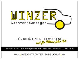 Grafik mit einem Auto-Logo, Text: "Winzer Sachverständiger, Schäden Bewertung, Tel. und Fax".
