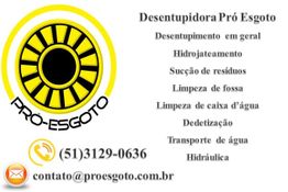 Logotipo da Desentupidora Pró Esgoto com serviços e contato: (51)3129-0636, email disponível.