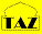 Gelbes Logo mit stilisiertem Gebäude und dem Schriftzug "TAZ".