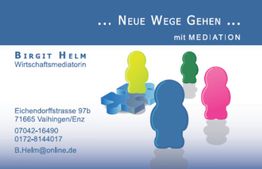 Visitenkarte von Birgit Helm, Wirtschaftsmediatorin, mit Kontaktinformationen und Figuren.