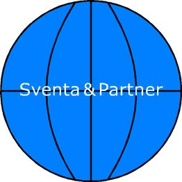 Blauer Globus mit schwarzen Linien und weißem Text "Sventa & Partner" in der Mitte.