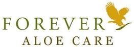 Logo: Forever Aloe Care; grüner Text mit einem goldenen Adler.