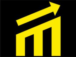 Gelbes Logo auf Schwarz, zeigt einen steigenden Pfeil über stilisierten gelben Linien.