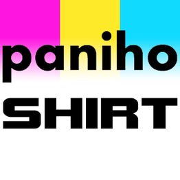 Text "paniho SHIRT" auf buntem Hintergrund in Magenta, Gelb und Blau.