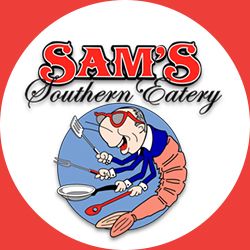 Logo of Sam's Southern Eatery with a shrimp dressed as a chef cooking.