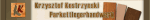 Banner mit dem Text "Krzysztof Kostrzyński Parkettherstellung" und Holzbodenmuster.