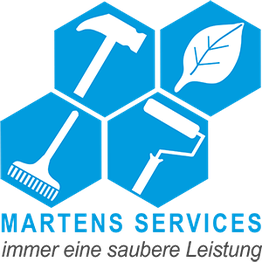 Ikonen von Hammer, Laubblatt, Farbroller und Harke auf blauem Hintergrund.