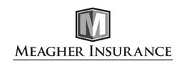Logo with a large letter "M" in a shield, above the text "Meagher Insurance" in bold font.