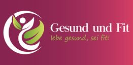 Logo mit stilisierter Figur und Blättern, Text: "Gesund und Fit - lebe gesund, sei fit!"