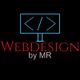 "Logo: Monitor mit HTML-Tags, Text 'Webdesign by MR' in Rot und Grau auf schwarzem Hintergrund."