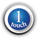 Blue button with "1 touch" text, surrounded by gray and white circular borders.