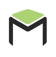 Logo con forma de hexágono verde y la letra M negra debajo.