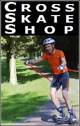 Mann mit Helm auf Skates auf Parkweg, oben Text: "Cross Skate Shop".
