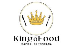 Logo di KingoFood con corona, forchetta e coltello. Testo: Sapori di Toscana.