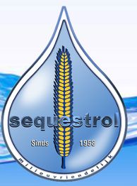 Blauwe druppelvorm met tarwear en tekst "sequestrol, sinds 1958, milieuvriendelijk".