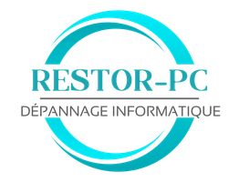 Logo bleu RESTOR-PC, dépannage informatique, dans un cercle stylisé.