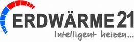 Logo mit „ERDWÄRME21, Intelligent heizen...“ und rot-blauem Halbkreis.