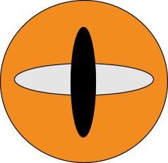 Orange Kreis mit schwarzem vertikalen Schlitz und weißem horizontalem Oval.