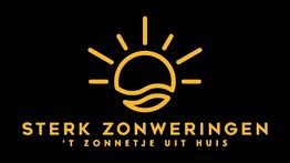 Logo met zonontwerp en tekst: "Sterk Zonweringen - 't Zonnetje Uit Huis" in geel.