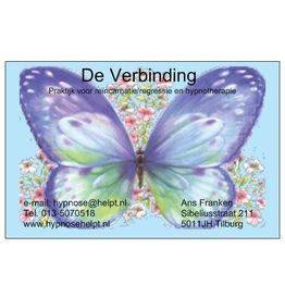 Paarse vlinder met tekst over reïncarnatie en hypnotherapie. Contactinfo en adres in Tilburg.