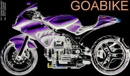 Neon-Motorrad-Silhouette mit Beschriftung "GOABIKE" in der Ecke, futuristisches Design.