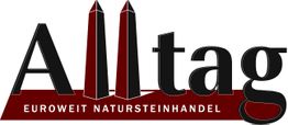 Logo mit dem Wort "Alltag" und dem Text "Euroweit Natursteinhandel", rote Türme als "ll".