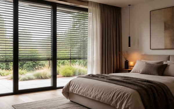 Ein außenliegender Sonnenschutz an einem bodentiefen Fenster in einem Schlafzimmer.
