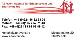 Visitenkarte von AE-event mit Kontaktinformationen, Logo und Adresse in Köln.