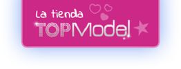 Texto "La tienda TOP Model" en fondo rosa con corazones y una estrella.