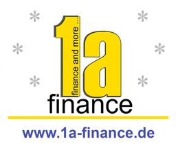 Logo von 1a finance in Gelb und Schwarz mit Website: www.1a-finance.de, umgeben von grauen Sternen.