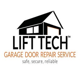 Lift Tech logo with house graphic, "Garage Door Repair Service: safe, secure, reliable."