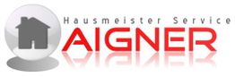 Logo: Haus und Schriftzug "Hausmeister Service Aigner" in Grau und Rot.