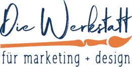 Logo: "Die Werkstatt für marketing + design" mit Pinselgrafik in Blau und Orange.